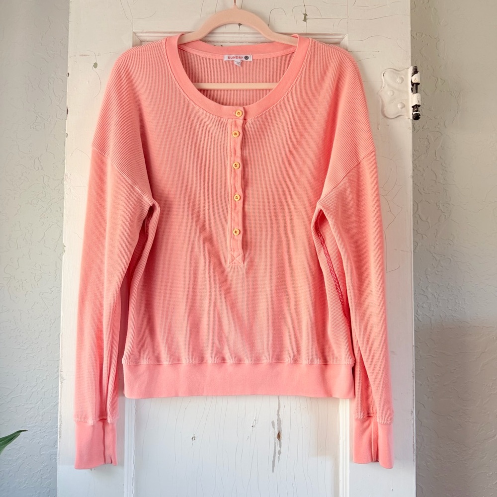 Sundry Size 2 Large Coral Waffle Knit Henley Long Sleeve Top